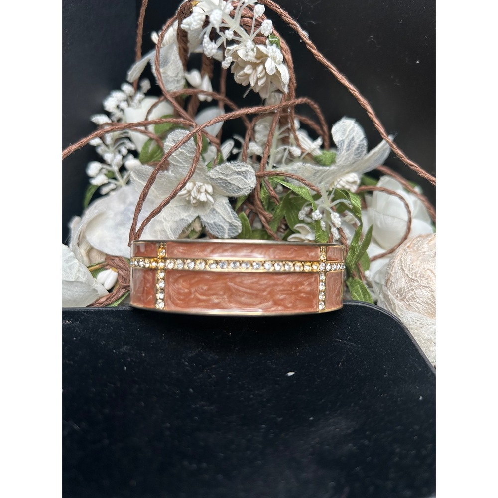 VTG Gold Tone Enamel Rhinestone Hinged Bangle Bracelet Peach Nude Art Deco Style